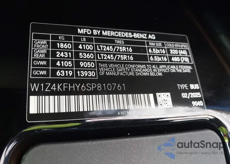 2025 Mercedes-Benz Sprinter 2500 Standard Roof 4-Cyl Diesel from USA, damaged, VIN W1Z4KFHY6SP810761